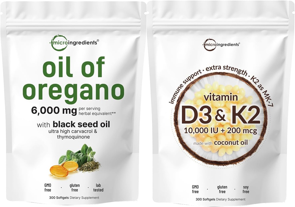 Micro Ingrediënten Olie van Oregano Softgels 6.000mg Per Serving & Vitamin D3 10.000iu + K2 200mcg Kokosolie Softgels Bundel 2 Pack 
