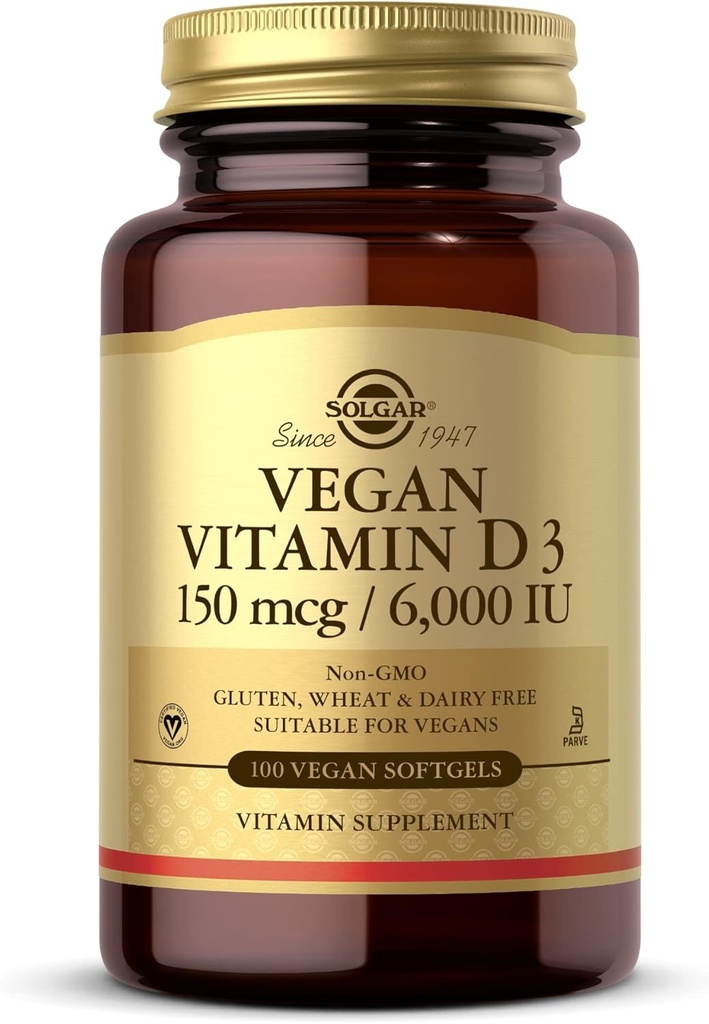 Solgar Vegan Vitamin D3 (Cholecalciferol) 150 mcg (6.000 IE) - 100 Softgels - Immune Support, helpt gezonde botten en tanden te behouden - niet-GMO, gecertificeerd veganistisch, glutenvrij en zuivelvrij - 100 porties
