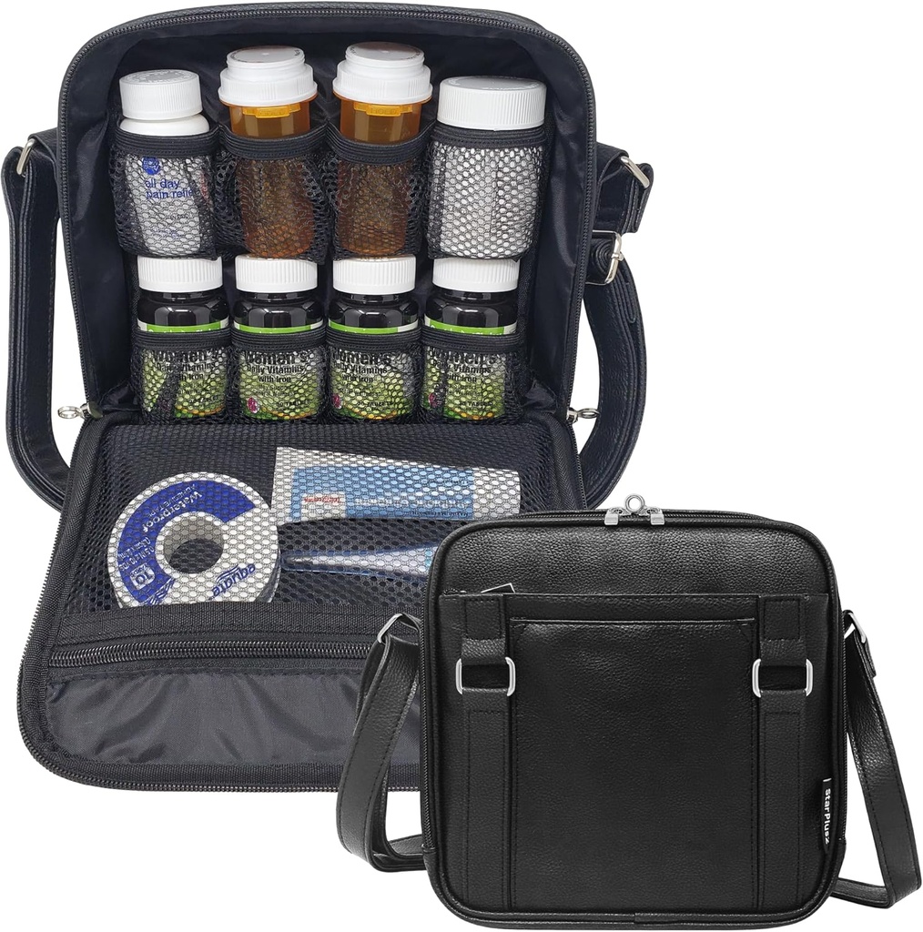 Medium 2-in-1 Pill Bottle Organizer, Crossbody PU lederen portemonnee voor vrouwen, Medicine Bag, Case, Carrier voor Medicijnen, Travel Medicine Organizer, Med Bag - Zwart (Zonder slot)