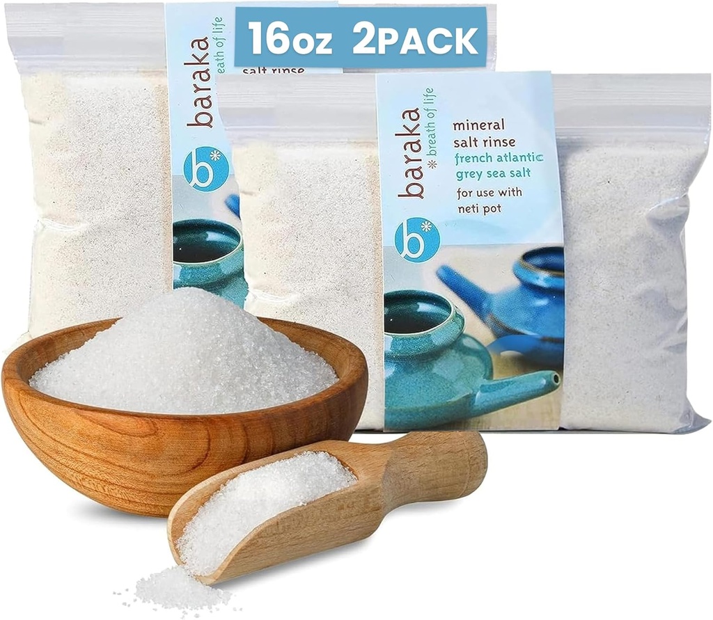 Baraka Keramische Neti Pot Sinus Spoel met minerale zee Zout - Saline oplossing - Paar met uw Keramische Neti Pot - Sinus Care Rinse - Neus Rinse - Neus Zout - Mineraal Zee Zout Rinse (16 oz - 2 Pack)