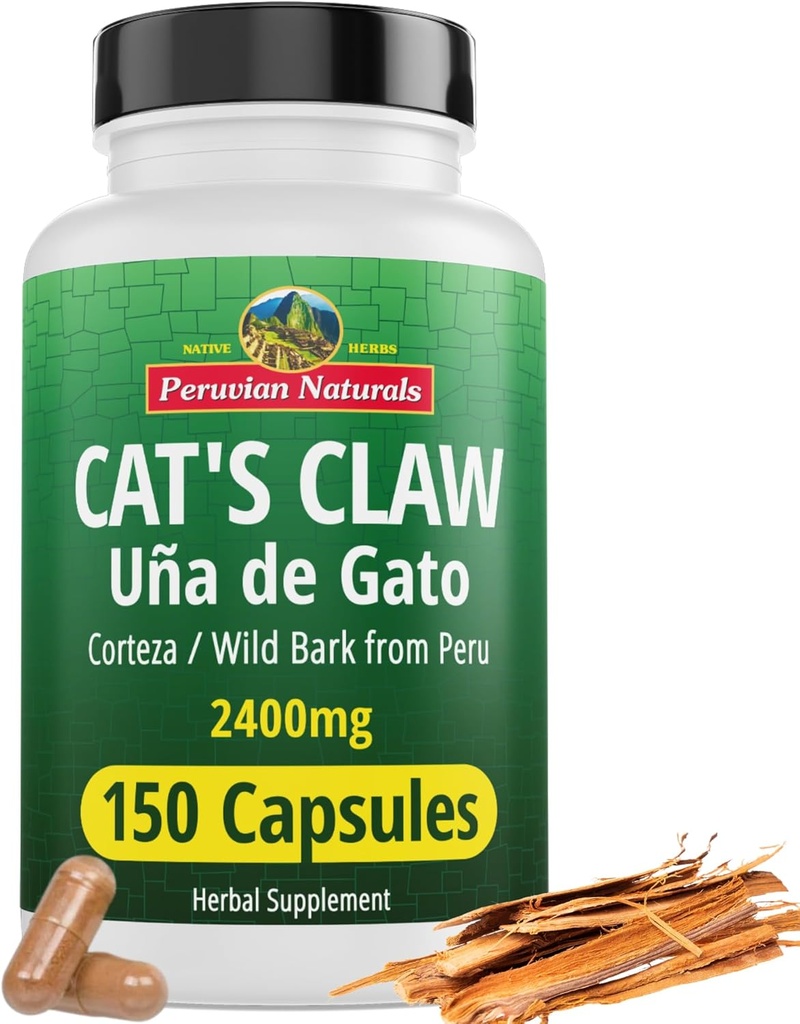 Peruaanse Naturals Cat's Claw Herbal Supplement 150 Capsules - Uña de Gato 2400mg Vegan, 100% Natural Cats Claw Bark Gegroeid in Peru, Non-GMO, Uncaria Tomentosa UNA de Gato