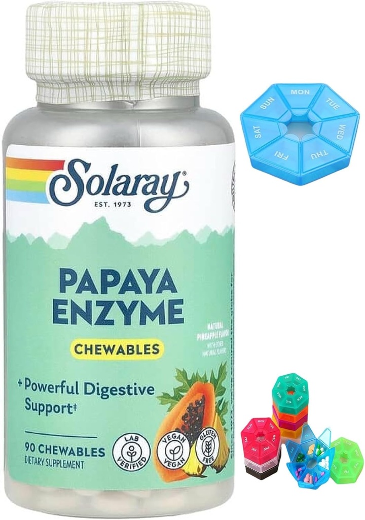 Gemaakt voor Solaray, Papaya Enzyme, Natuurlijke Ananas, 90 Kauwtabletten + Bonus 1 Mini Pill Box voor 7 dagen