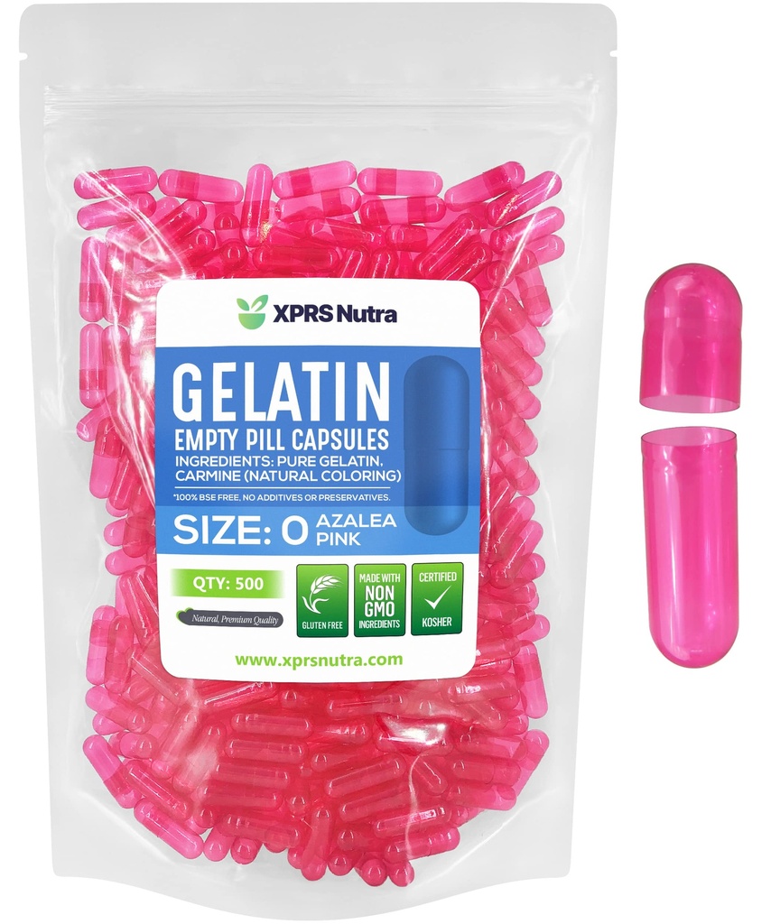 XPRS Nutra Taille 0 Capsules vides - 500 Compte Capsules de gélatine vides - Pills Bricolage Capsule Remplissage - Gel de pilules pures pour les suppléments Do-It-Youlf (Azalea Rose)