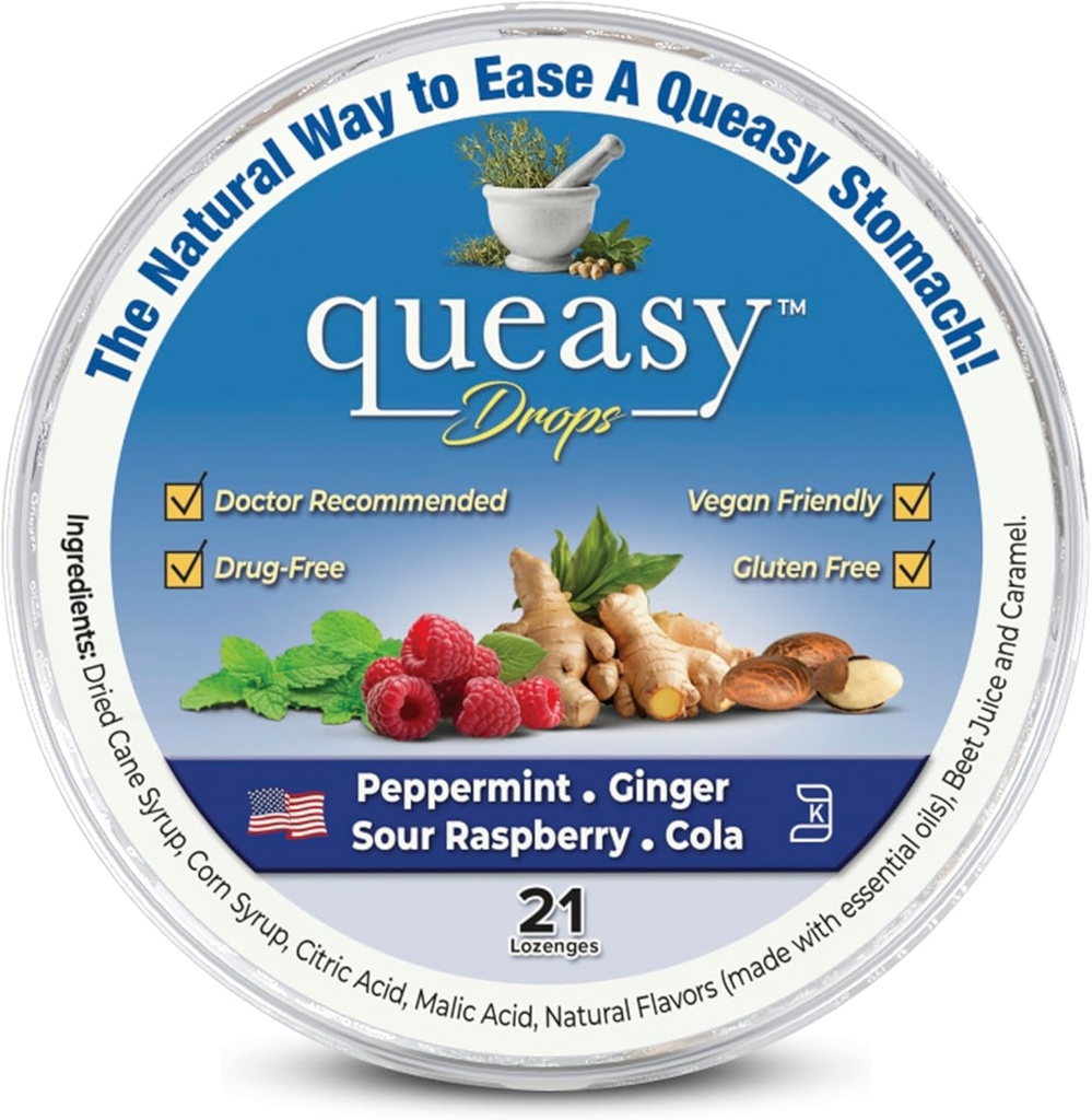 Drie Lollies Queasy Drops - Gemakkelijk Chemotherapie Misselijkheid & Travel Ziekte - Verlicht een droge mond - Natuurlijke ingrediënten - 21 ct
