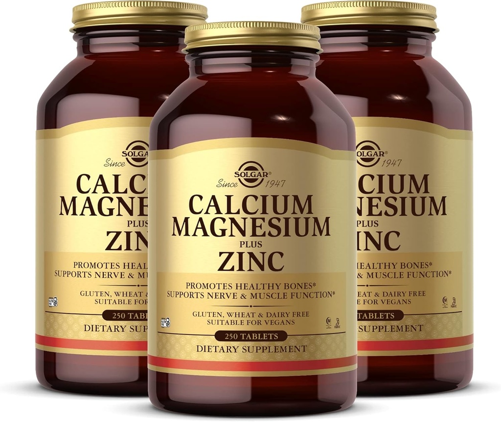 Solgar Calcium Magnesium Plus Zink - 250 tabletten, Verpakking van 3 - Bevordert gezonde botten, Ondersteunt zenuw- en spierfunctie - Non-GMO, Veganist, Glutenvrij - 250 Totaal porties