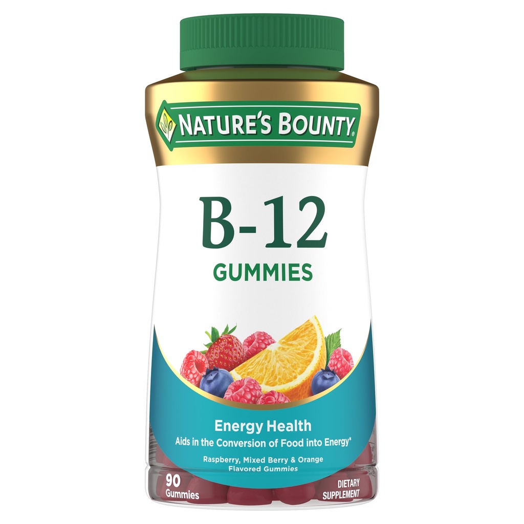 Nature's Bounty Vitamine B12 Gummies, Dieetsupplement, Ondersteunt Energie Metabolisme en Zenuwstelsel Gezondheid, Gemengde Berry smaak, 500mcg, 90 Gummies