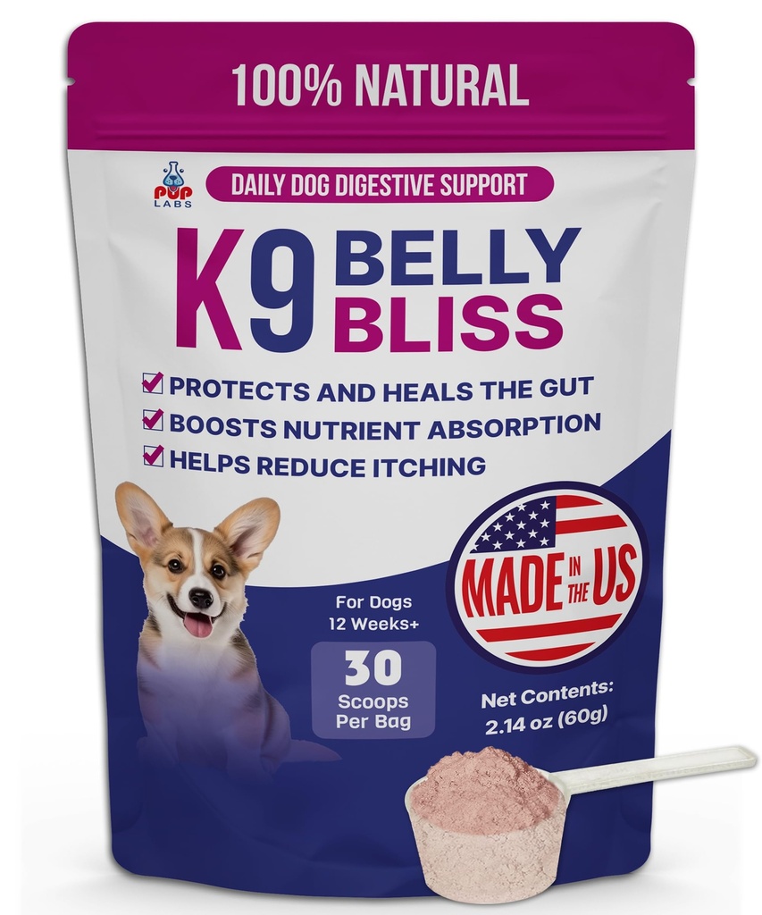 K9 Belly Bliss, All-Natural Gut Health for Dogs, prébiotique approuvé pour les chiens pour le soutien digestif quotidien et le soulagement de la constipation des chiens, facile à utiliser pour les aliments secs et humides, 30 scoops.