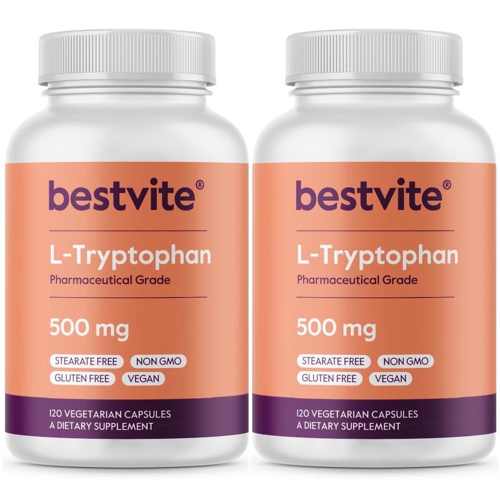 BESTVITE L-Tryptofaan 500 mg per capsule (240 Vegetarische capsules) (2-pack) - No Stearates - No Silica - No Gelatine - Vegan - Glutenvrij - Niet GGO
