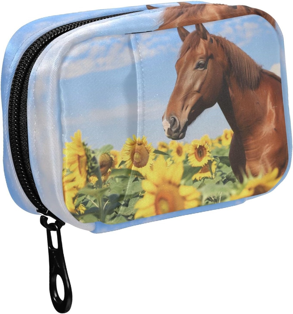 Fustyad Bruin Paard in Zonnebloemveld en Blue Sky Pill Organizer Case met Zipper 2 keer een dag voor vitamine en supplement, 7 dagen reisorganisator geneeskunde geval