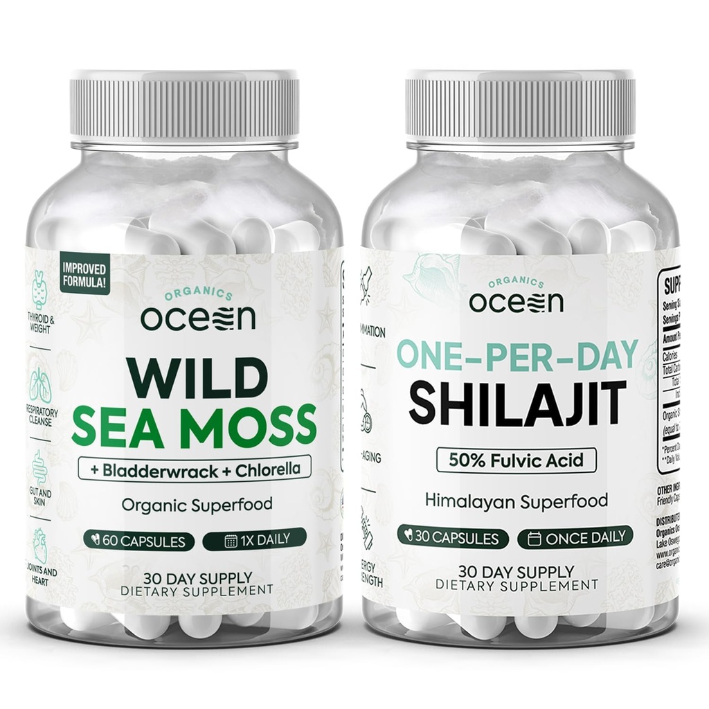 Organics Ocean Wild Sea Moss Capsules and One-per-Day Shilajit for Men and Women - 100% Irish Sea Moss and Pure Shilajit Capsules - Thyroïde Support for Women and Men