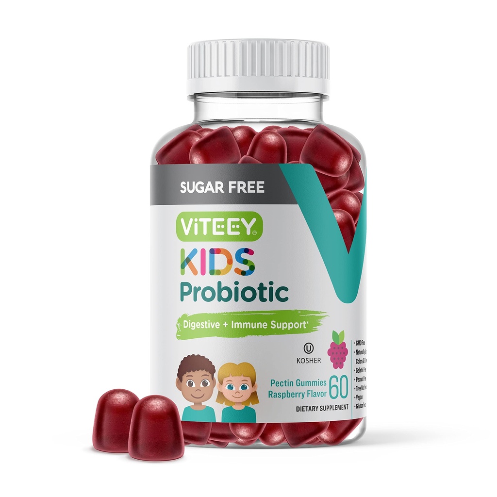 Gummies probiotiques Viteey pour les enfants - 2 milliards d'UFC - Probiotiques Protection contre la constipation des enfants, Immune naturelle et soutien de la santé digestive - Vegan, sans gélatine, sans OGM - Saveur de framboise croustillante