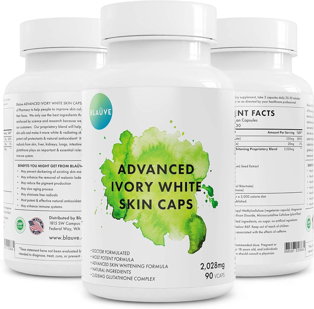 Advanved Ivory White Skin Caps- Maximale Potentie 2028 mg Glutathion huid bleken 90 Capsules- GSH - Best Whitener- Whitens/Licht uw huid Toon-Natural Dark Spot Verwijderaar-Doctor Geformuleerd