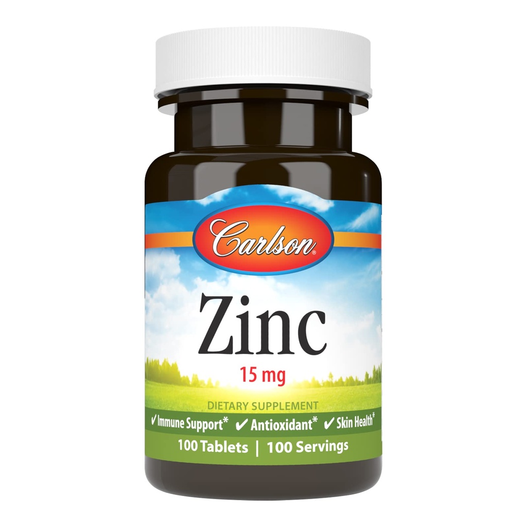 Carlson - Zinc, 15 mg, supplément de zinc, gluconate de zinc, soutien immunitaire et santé de la peau, comprimés de zinc, antioxydant, capsules de zinc, 100 comprimés