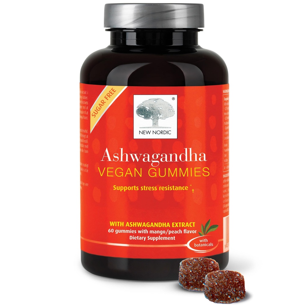 NEW NORDIC Ashwagandha Gummies, 300 mg Extrait de racine Ashwagandha, sans sucre, Adaptogènes pour les hommes et les femmes, Delicious Mango Peach, 60 Gummies