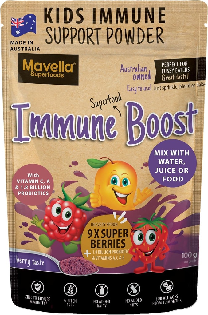 Kids Immune Support Powder - Immune Boost with Vitamin C A + E, Magnesium & Probiotics for with 9 Superberry - Berry Taste Immunity Gummies Alternative 3.52oz (100g)