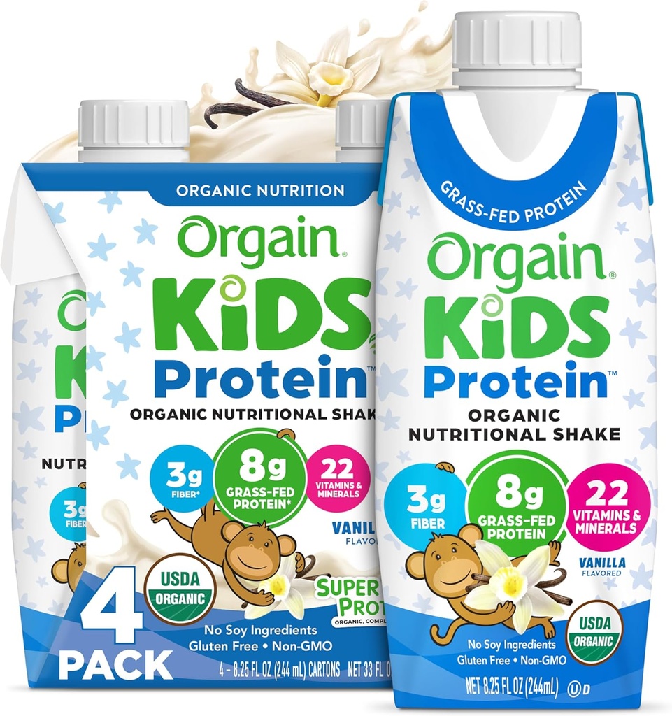 Orgain Organic Kids Protein Nutritional Shake, Vanille - 8g eiwit, 22 vitamines en mineralen, groenten en fruit, glutenvrij, sojavrij, non-GMO, 8,25 Fl Oz (verpakking van 4)