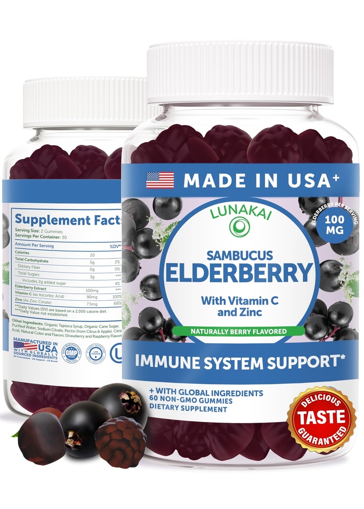 Lunakai USA Made Black Sambucus Vlierbessen Gummies voor volwassenen & kinderen met vitamine C & zink - Immuun Support, Antioxidanten, Non-GMO, 60 Gummies