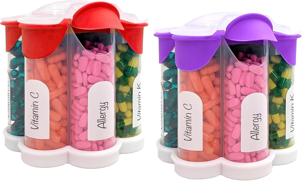 Extra grote pil Organizer dagelijks, wekelijks, maandelijkse supplement fles, schattige Blossom pil Dispenser met 7 XL Compartments (2 Pack Combo) (Paars en Rood)