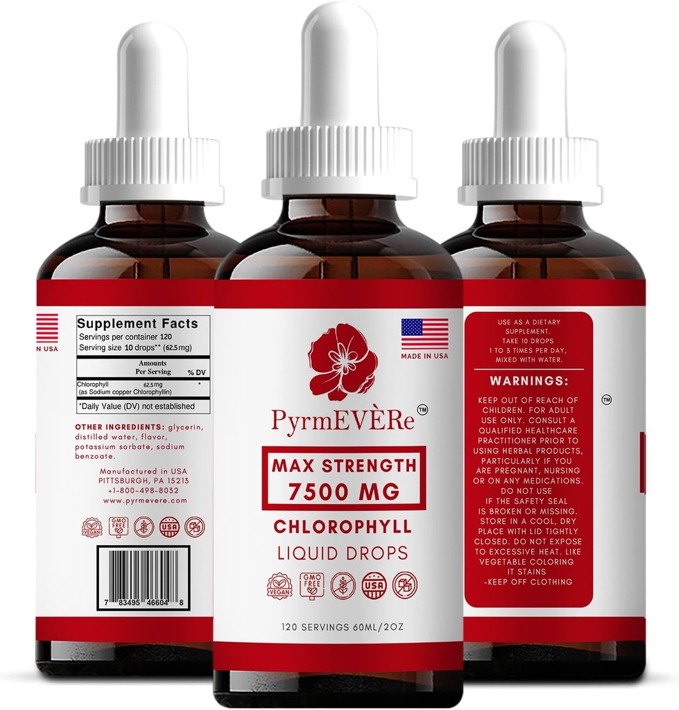 Pyrmevere Chlorofyl Liquid Drops - Made in USA, Mint Flavor, Liquid Chlorofyll, Energy Booster, Immune Support, Natural Deodorant, Altitude Seizoen Relief Niet GGO & Vegan - 120 Servers