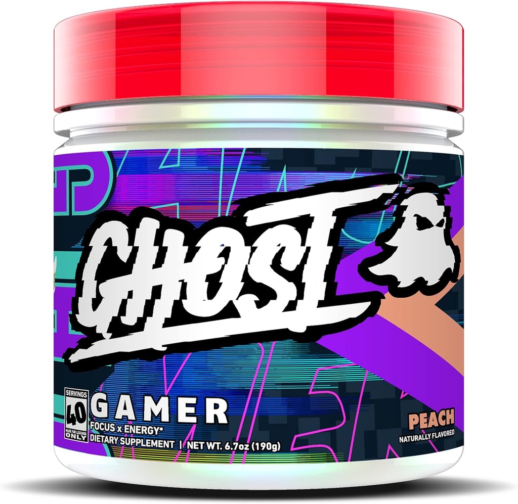 GHOST Gamer: energie- en focusondersteuningsformule - 40 porties, perzik - Nootropics en natuurlijke cafeïne voor aandacht, nauwkeurigheid en reactietijd - veganistisch, glutenvrij