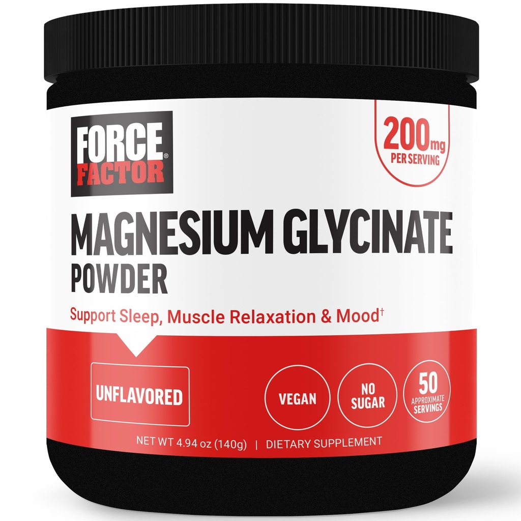 Facteur de force Magnésium Glycinate 200mg, supplément de magnésium pour les femmes et les hommes pour soutenir le sommeil, la relaxation musculaire et l'humeur, haute absorption, végétalien, 50servies