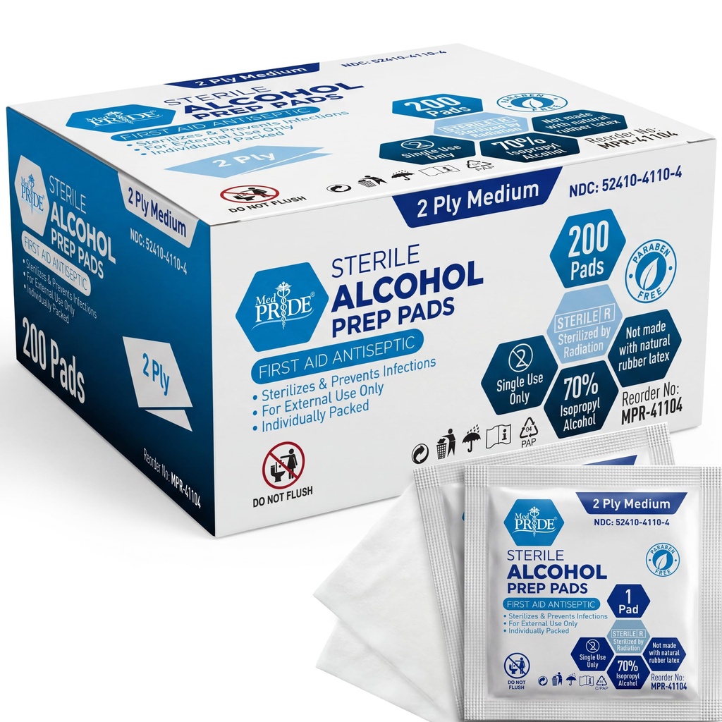 MED PRIDE Plaquettes de préparation à l'alcool stérile, antiseptique, 70 % d'isopropyle, emballée individuellement, Wipes à plis de grade 2 (200 Nombre (paquet de 1) blanc)