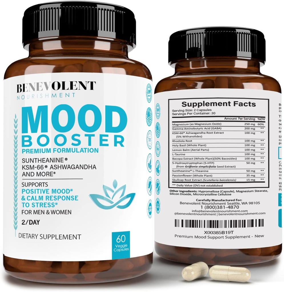 Calm Mood Booster Supplement - Natural Happy Pils for Stress, Sleep & Mood Support - Gepatenteerde KSM-66® Ashwagandha & Suntheanine® L-Theanine, Rhodiola Rosea, Magnesium - 60 Tel.