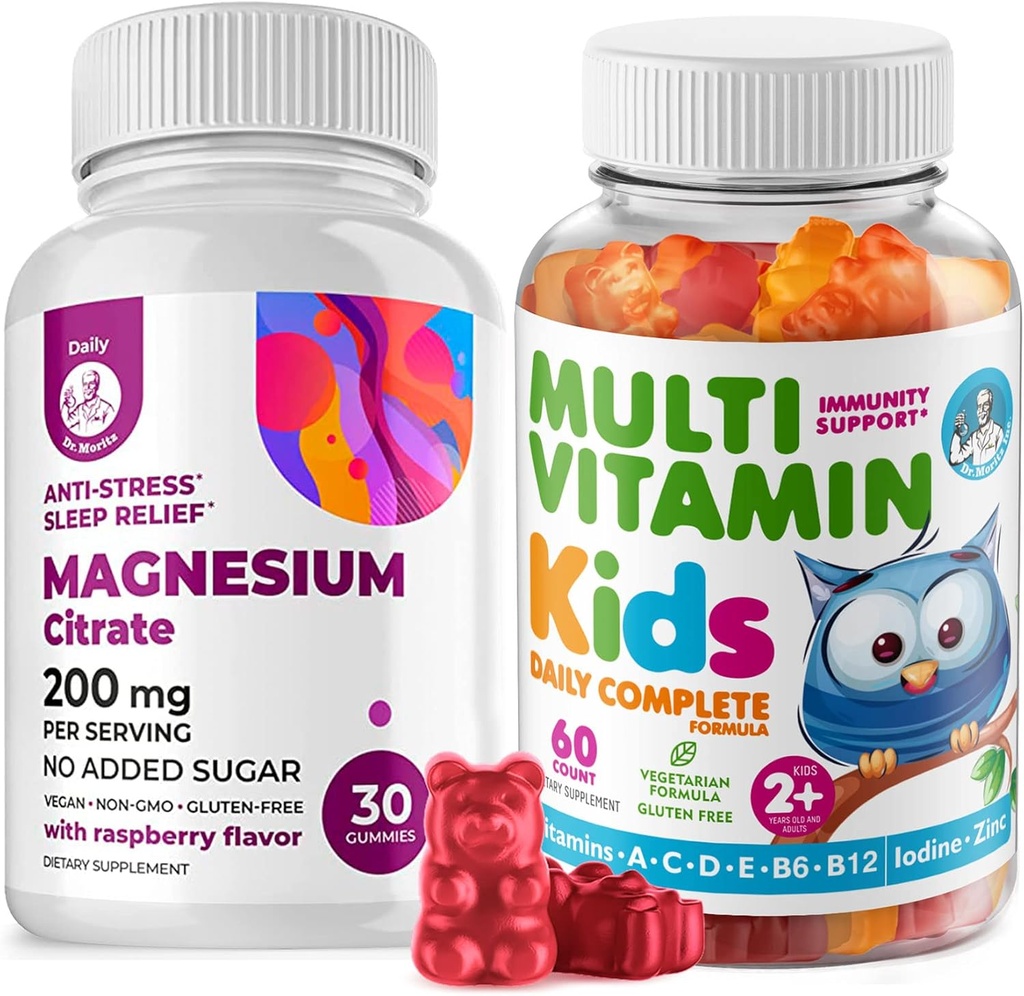 Gummies multivitamines pour enfants 14 vitamines essentielles et gommes de magnésium sans sucre - supplément quotidien Vitamine A,C,D,E Végétarien B6&B12,Zinc,Biotine au magnésium sans sucre