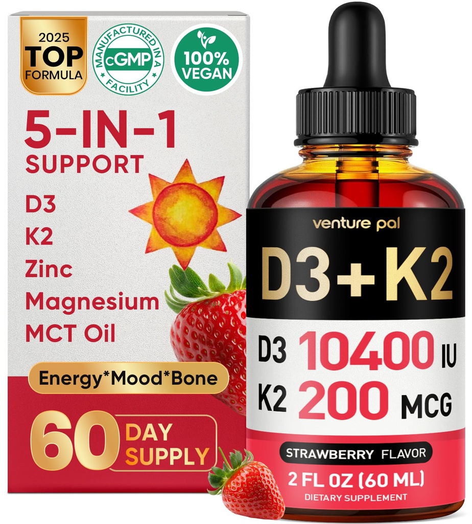 Venture Pal 5-en-1 Vitamine D3 10000 UI et K2 comme MK-7 200mcg avec Magnésium, MCT Oil, Zinc, Sans sucre Vitamine D Liquid.