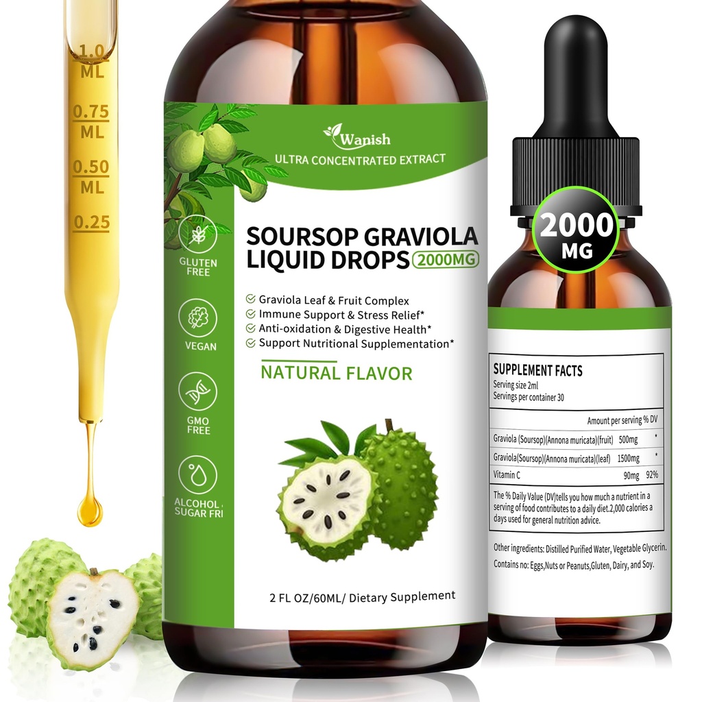 Wanish Bio Soursop Graviola Liquid Drop,Sour SOP Bitters Liquid pour le soutien cellulaire et la régénération, Immune Boost, foie et sommeil, bien-être à base de plantes, sans sucre/gluten, saveur naturelle, 2 Fl Oz