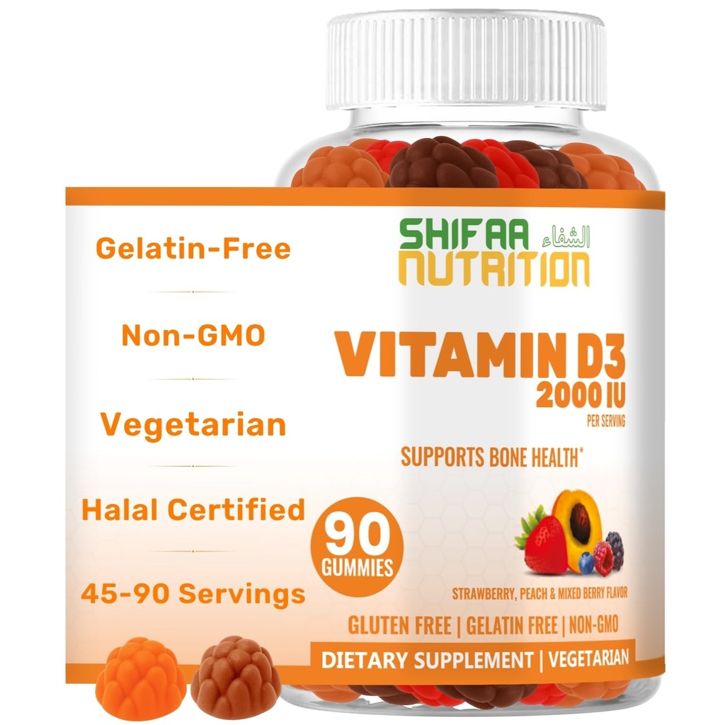 SHIFA NUTRITION Vegetarische vitamine D3 Gummy's voor volwassenen en kinderen 45-90 Serves, 2000IU / 1.000IU 