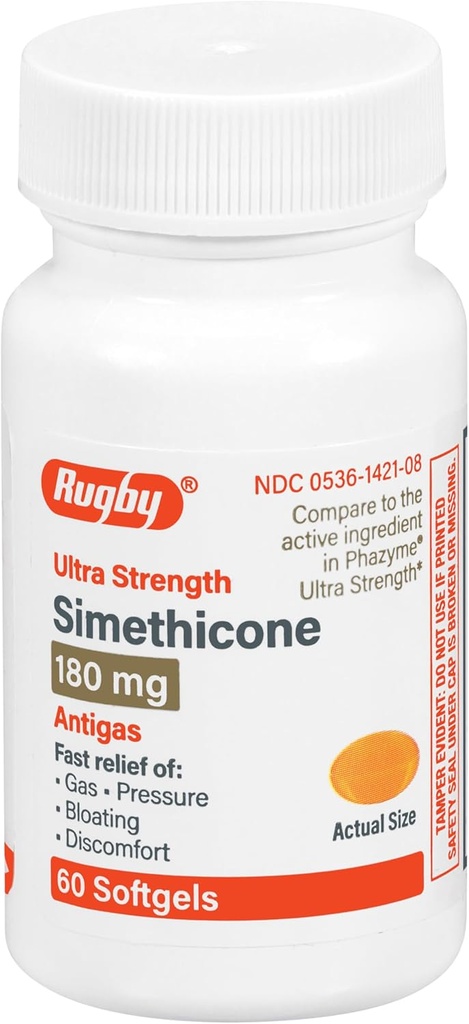 Rugby Ultra Strength Simethicone Gas Relief 180 mg - Maximale Gas Relief voor volwassenen - Kan helpen met symptomen van flatulentie, opgeblazenheid, gasvolheid - 60 Softgels (1 Pack)