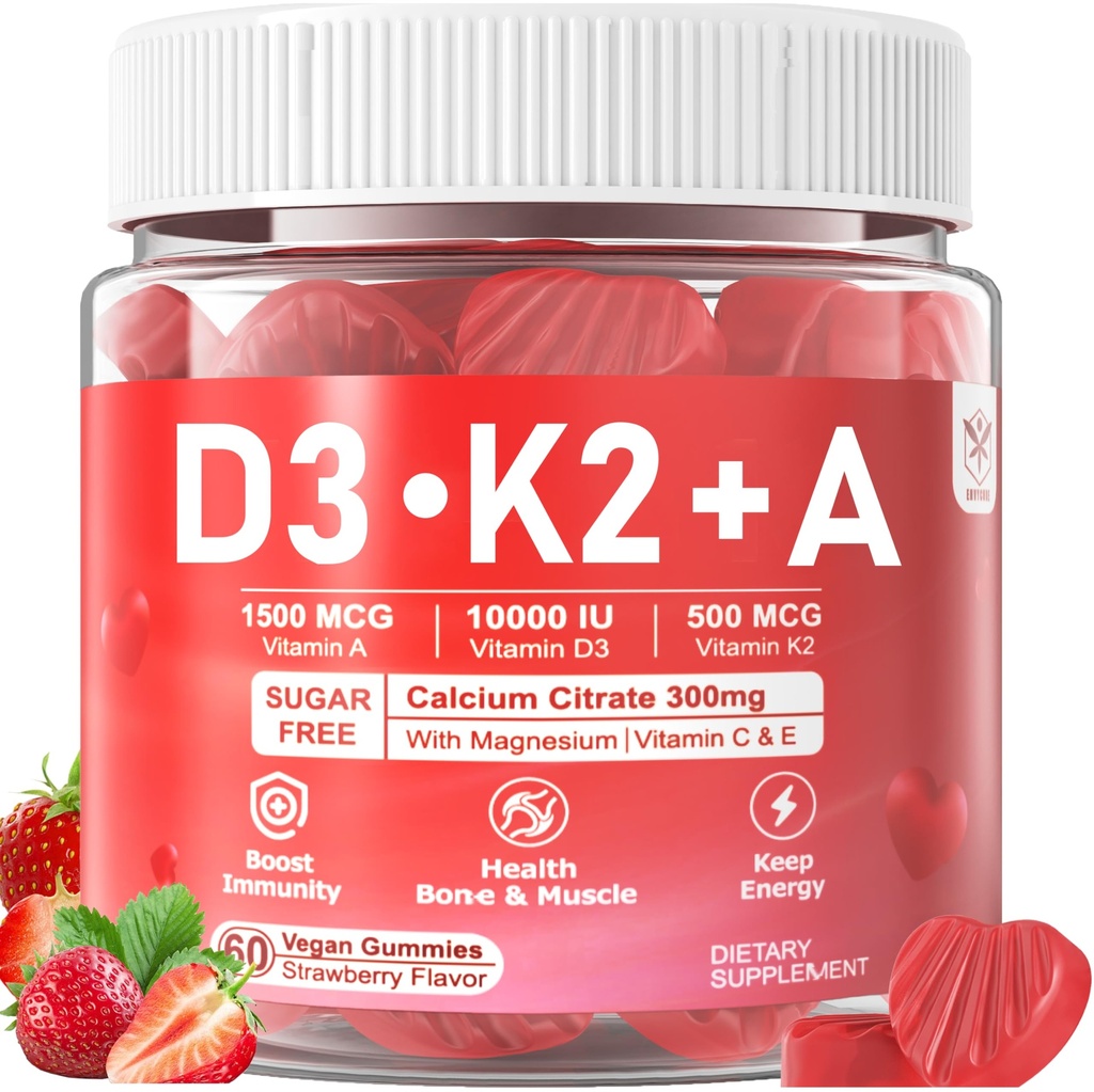 Vitamine D3 10000iu + K2 MK7 + A Gummies met Calcium Magnesium Zink voor vrouwen en mannen, Hoge potentie ADK Vitamine Supplement ondersteunt gezond immuunsysteem, bot en visie functie, Suikervrij 120 Cts