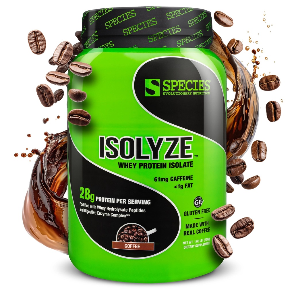 Espèce Nutrition Isolyze poudre de protéines de lactosérum, 100 % d'isolat de lactosérum pour la musculation, 27,5 g de protéines par scoop, pas de sucre et faible en gras (café, 22 portions)