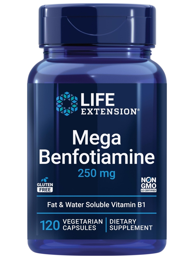 Levensverlenging Mega Benfotiamine, 250 mg, een vetoplosbare vorm van thiamine, gezond metabolisme, ultra-biobeschikbaarheid Vitamine B1, hoge potentie, Glutenvrije, niet-GMO, vegetarisch, 120 capsules