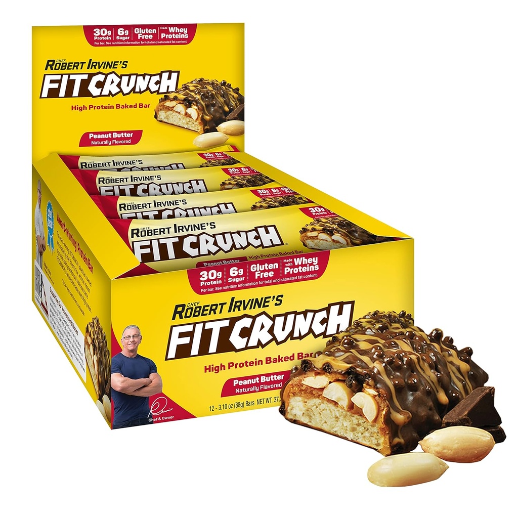 FITCRUNCH volledige grootte proteïnerepen, 6-laags gebakken bar, 6 g suiker, glutenvrije en zachte cake Core (12 bars, pindakaas)