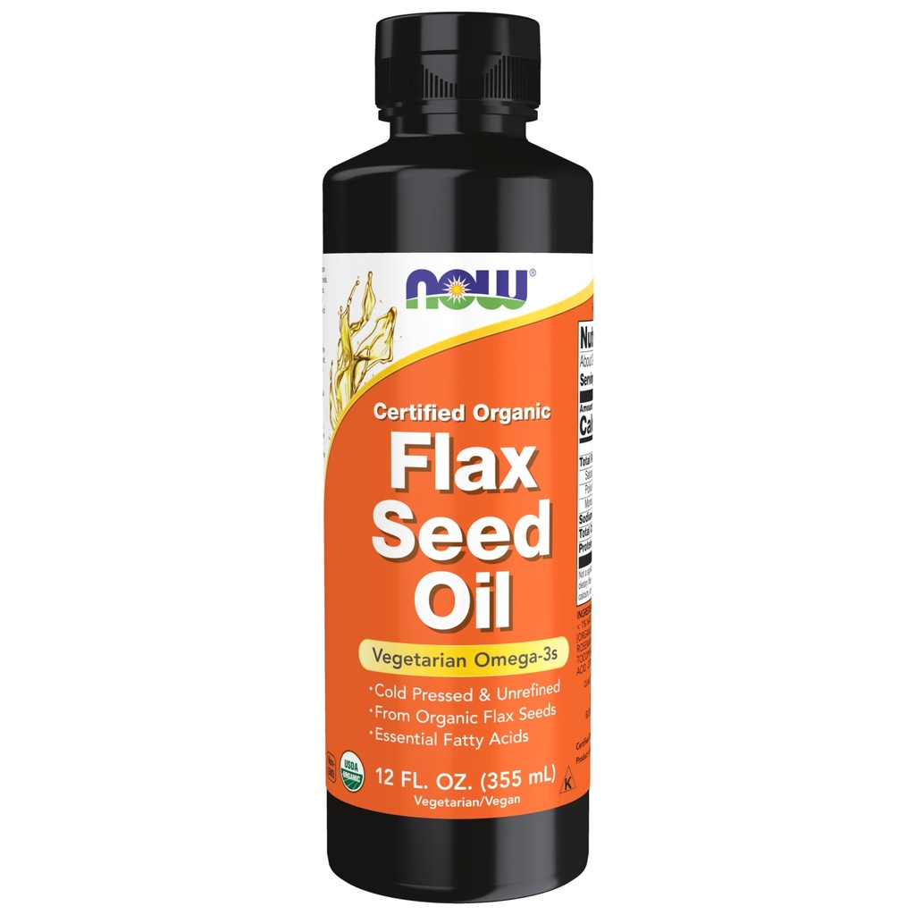 NOW Foods Supplements, Certified Organic Flax Seed Oil Liquid, Cold-Pressed and Unrefined, 12-Ounce