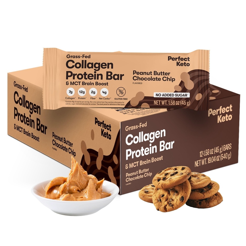 Barre de protéines de collagène de kéto parfait, sans gluten, avec collagène gras + MCT Huile, faible teneur en glucides, pas de sucre ajouté, haute teneur en protéines, aliments diététiques Keto, 13g de protéines, 18g de gras, 3g de glucides nets, croustilles de chocolat au beurre d'arachide, 12 barres