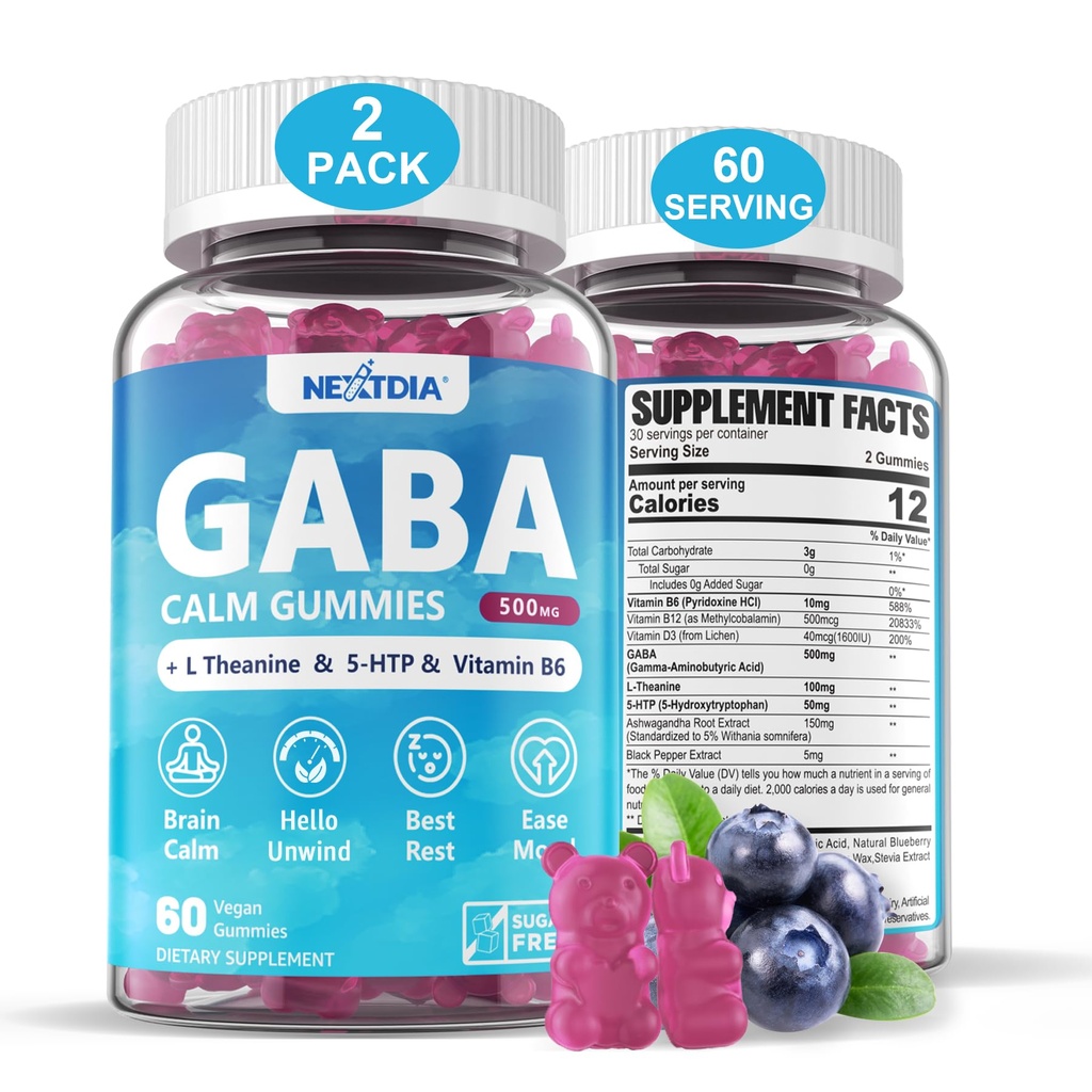GABA Gummies 500 mg - Sugar-Free Calm Gummies met L Theanine, 5-HTP, Vitaminen D3, B12, Ashwagandha, Melatonine-Free voor Brain Calm, Mood, Zzz Better, GABA Supplement voor volwassene, Blueberry Flavor, Vegan