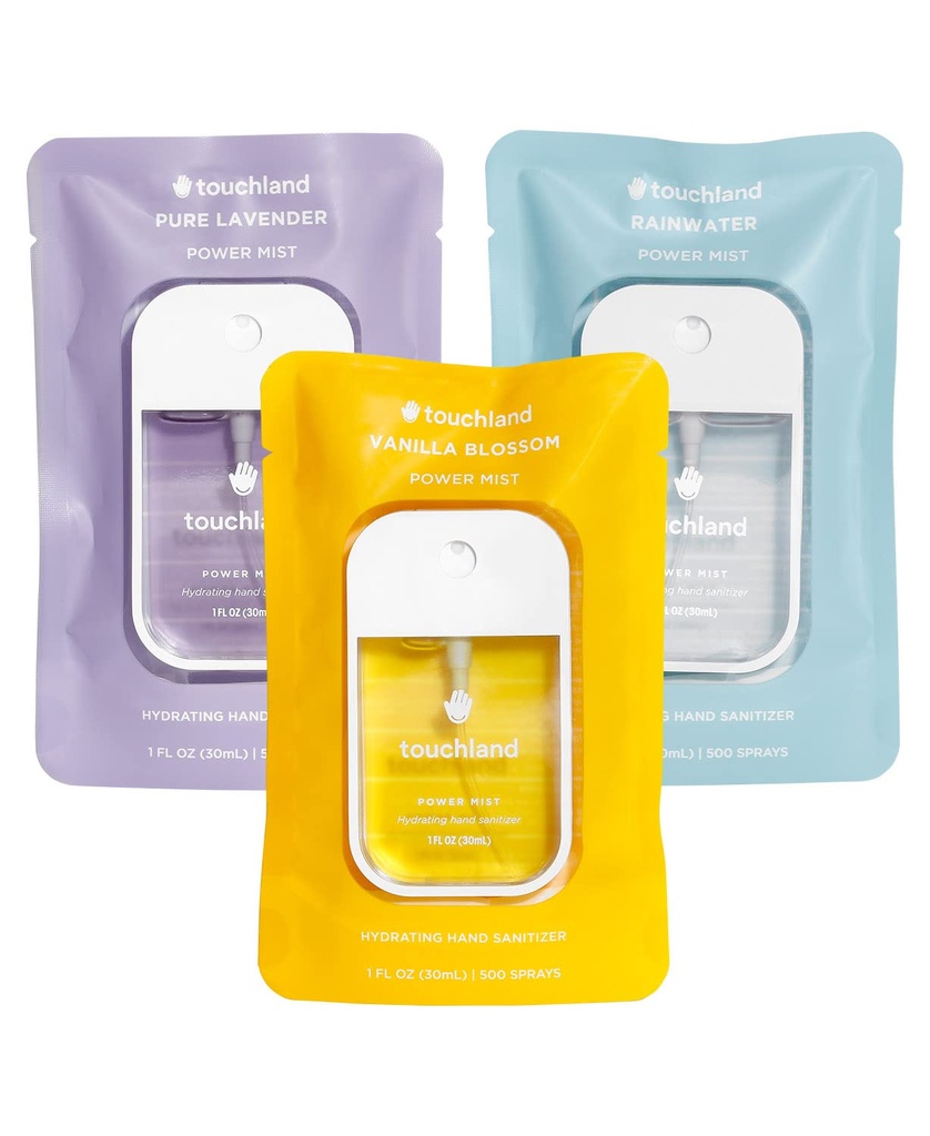 Touchland Power Mist Hydrating Hand Sanitizer Spray, BLOSSOM Trio Set (Lavendel, Vanille, Regenwater), 1 FL. OZ. Reisgrootte (Set van 3)