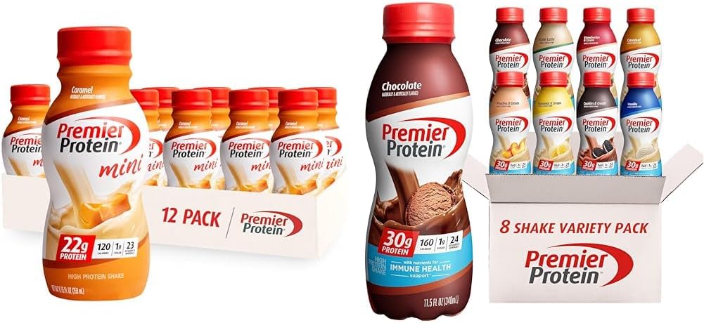 Premier Secouer les protéines MINIs Caramel 22g Protéines 120 Pack de 12 et Secouer les protéines 8 Pack de variétés de saveurs 30g Protéines 24 Vitamines et minéraux