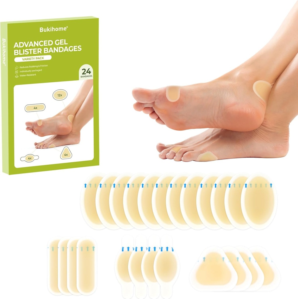 Gel Blister Hydrocolloïde Bandage Pads- Bukihome 24 Tel Blisterkussens voor voet, teen, Heel - Waterbestendig Bandages, Blisterpads for Prevention & Recovery (Variety Pack)