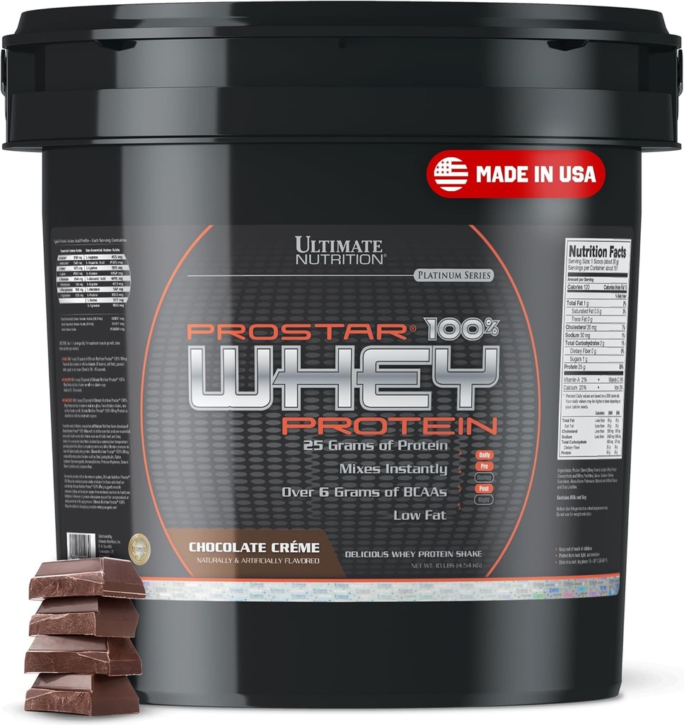 Ultimate Nutrition Prostar Whey Protéines Poudre Isolée, Chocolat - Faible teneur en glucides, Poudre à haute teneur en protéines Shake pour le gain musculaire et la récupération - Faible teneur en sodium, faible teneur en gras et kéto - 10 lbs Bucket