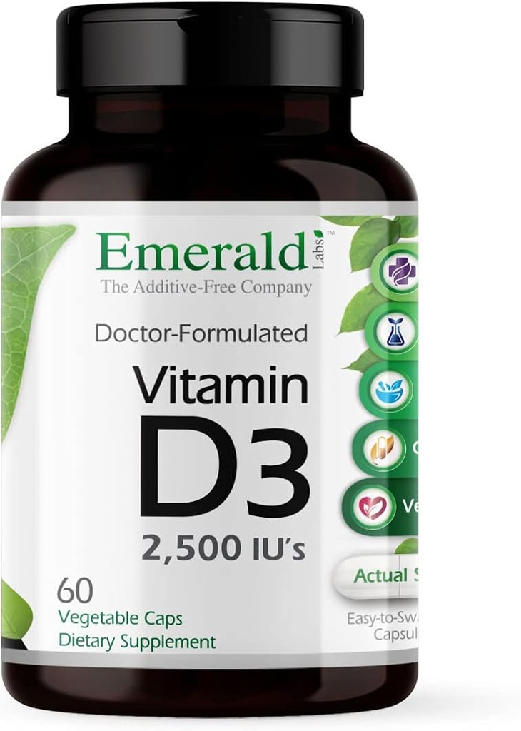 EMERALD LABS Vitamine D3 2500 IE - Ondersteunt bot, tanden, spieren, hart- en immuunsysteem - Premium Dieetsupplement - 60 plantaardige capsules (60 dagen)