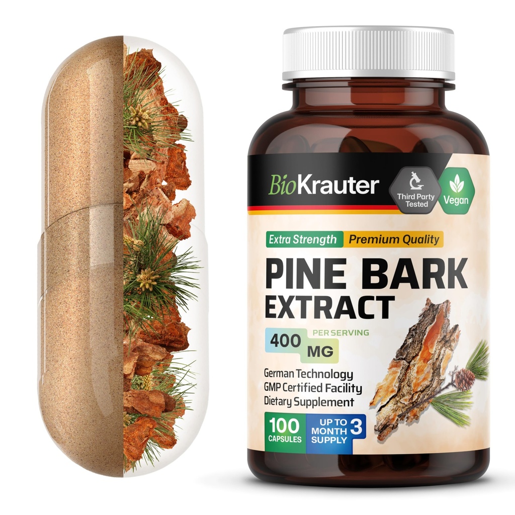 BIO KRAUTER Pine Bark Extract Capsules 400 mg - 100 Telling - Antioxidant Supplement - 95% Proanthocyanidines - Pine Bark Supplement - Vegan, Geen Fillers