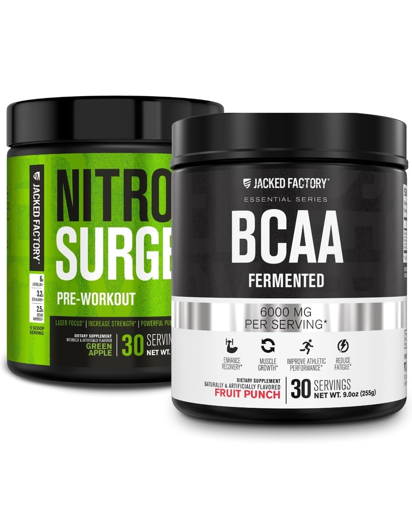 Ge Jacked Factory Nitrosurge Pre-Workout in Green Apple & BCAA in Fruit Punch voor spieropbouw en herstel