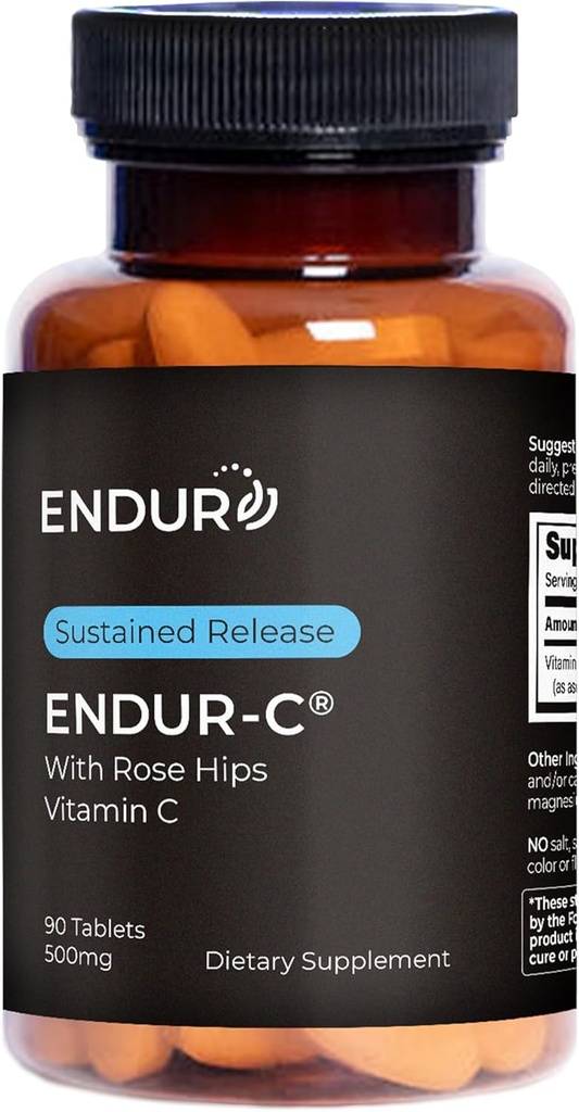 Endur ENDUR-C Vitamine C met Rose HIPS, Ondersteunt Collageen Productie, Antioxidant Bescherming & Gentle Digestie, Glutenvrij, 500mg (90 tabletten)