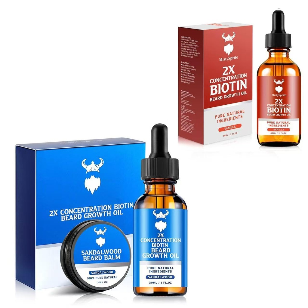 Sandalwood baard groeikit met 2x biotine voor mannen en vanille baard groei olie, natuurlijke ingrediënten & Thickens gezicht haargroei