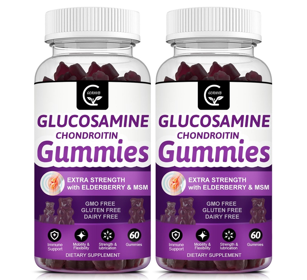 Glucosamine Chondroïtine Gommies avec MSM & Elderberry Extra Strength - Soutien de flexibilité, Supplément de soutien immunitaire antioxydant pour adultes, hommes et femmes - 60 Chondroïtine Gommies (2 Pack)