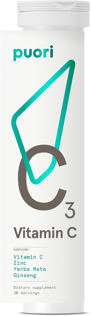 Puori C3 Vitamine C Supplement voor Immuun en Antioxidant Ondersteuning - 20 Servers - Vitamine C, Zink, Yerba Mate, Ginseng helpt tegen vermoeidheid en cognitieve functie